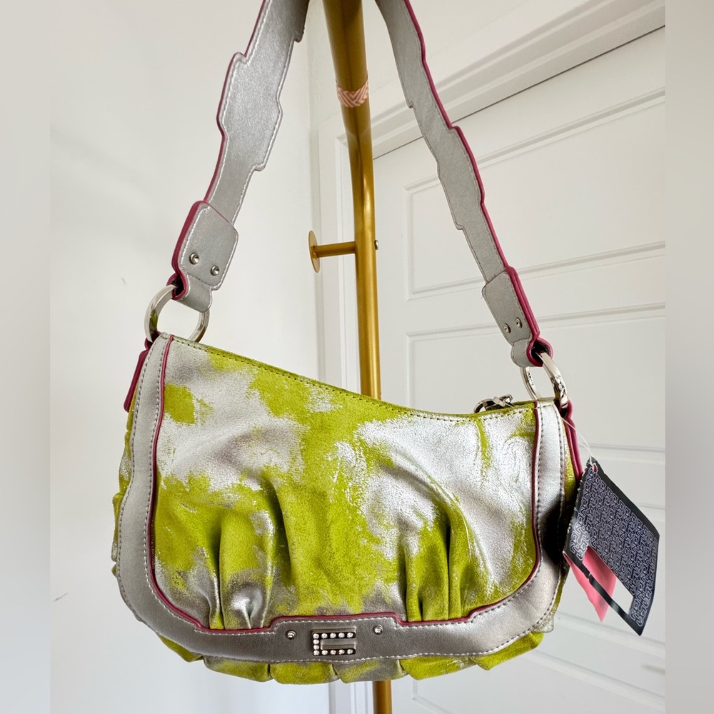 NWT Vtg Y2K Indie Sleeze Metallic Suede Shoulder Bag Green Silver Festival Cyber